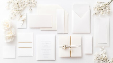 A flat lay of white wedding stationery and elegant gold accents arranged neatly on a clean white background.