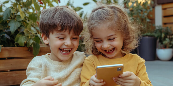 Boy and a girl are lying on their stomach on a comfortable sofa, holding a smartphone and watching funny videos together