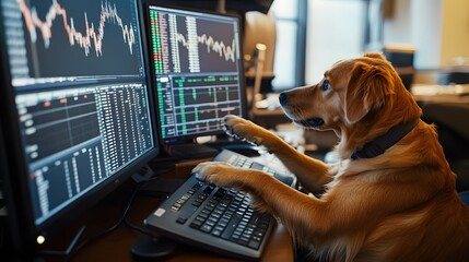 A clever dog sitting at a trading desk, pawing at a keyboard, with stock charts and graphs on multiple monitors