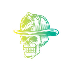 Human skull in a fire helmet. Firefighter. Original vector illustration in vintage style isolated on white background. T-shirt design.