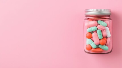 Glass jar of vitamins on a soft pastel background, minimalist design, clean shadows, top view