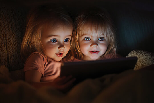 Two sisters lie in their bed in a dark room at night and secretly watch cartoons and play on a tablet computer from their parents.