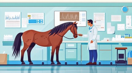 A veterinarian examines a horse in a modern clinic. The environment is bright and clean, showcasing the bond between animals and professionals. 