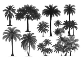 Black silhouettes of tropical palm trees on a white background. Set.