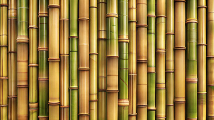 Naklejka premium Natural Bamboo Texture with Green and Yellow Stripes, Organic Material Background 