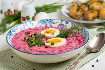 Cold beetroot soup (borscht) close up.