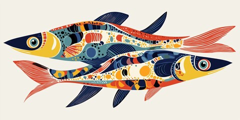 Two colorful fish with blue and yellow fins swimming side by side. The fish are surrounded by a variety of colors and patterns, creating a vibrant and lively scene