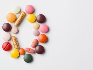 Obraz premium Scattered multivitamins in a circular pattern on a white surface, minimalist, neutral tones, top view