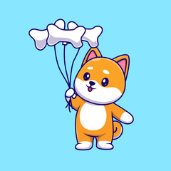 Fototapeta premium Cute Shiba Inu Dog Holding Bone Balloon Cartoon Vector Icon Illustration. Animal Holiday Icon Concept Isolated Premium Vector. Flat Cartoon Style 