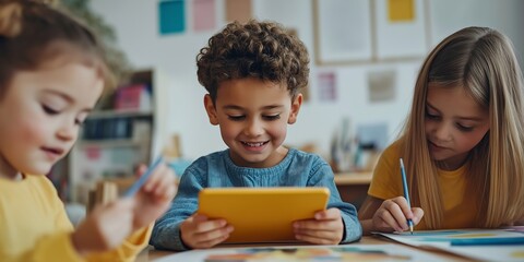 Fototapeta premium Three children are sitting at a table with a tablet in front of them. One of the children is smiling while using the tablet. The scene suggests that the children are engaged in a fun