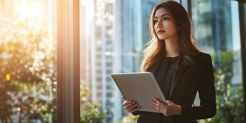 A woman in a business suit holding a tablet. She is looking out the window. Concept of focus and determination as the woman works on her tablet