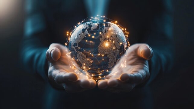 Innovation Businessman holding global network connection on Innovation Trends and Market Insights strategic planning and implementation cutting-edge Technology and global Expansion.