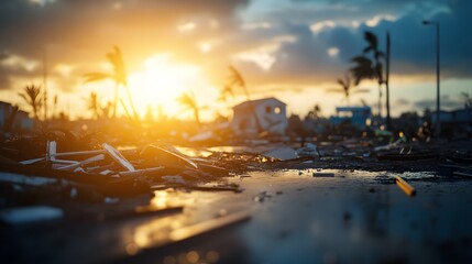 Devastated neighborhood post-hurricane, with shattered glass, uprooted trees, and storm debris everywhere, muted sunlight breaking through the clouds