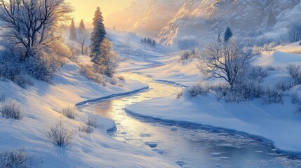 Obraz premium A frozen river winding through a snow-covered valley, creating a tranquil winter scene.