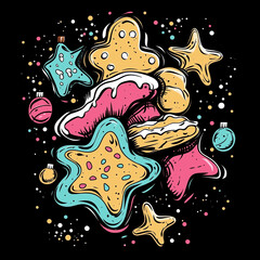 Obraz premium funny and friendly comic style background wallpaper for a christmas card with cookies and santa claus for x-mas celebration