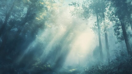 Naklejka premium Sunbeams Piercing Through a Misty Forest