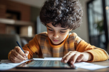 Focused boy solves a math problem on a tablet, highlighting modern learning with technology and problem-solving skills
