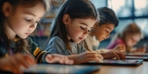 Group of diverse young students are using digital tablets while sitting at desks in the classroom and learning new lessons
