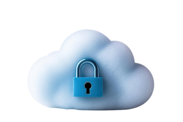 A blue cloud with a padlock symbolizing secure cloud storage and data protection in a digital environment.