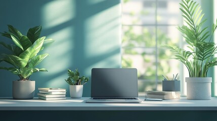 Cozy home Office Concept Showcasing Minimalist Style: A work Desk with computer, Documents, green plants and Well-Lit Interior. graphic Resources,  Illustration, 