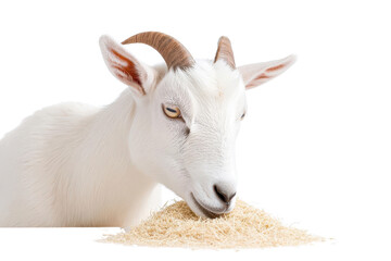 Obraz premium A close-up of a white goat eating grain, highlighting its curious expression and detailed fur, ideal for farm and animal themes.