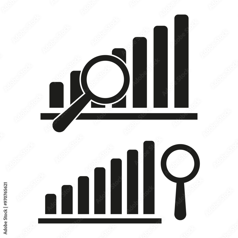 Poster analytics bar icon. magnifying glass symbol. growth chart vector. search data image.