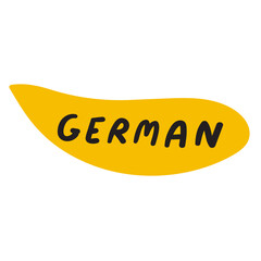 German language. Flat design. Yellow speech bubble. Illustration on white background.
