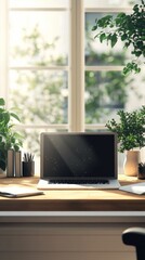 Fototapeta premium Cozy home Office Concept Showcasing Minimalist Style: A work Desk with computer, Documents, green plants and Well-Lit Interior. graphic Resources, Illustration, 