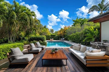 Obraz premium Beautiful Miami Beach Patio with Pool and Lounge Chairs