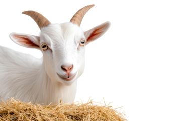 A playful goat rests on a bed of straw, showcasing its unique personality and charming features in a close-up portrait.