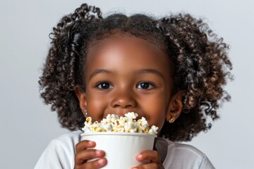 Naklejka premium A young child happily munching on a bowl of popcorn