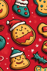 funny and friendly comic style background wallpaper for a christmas card with cookies and santa claus for x-mas celebration