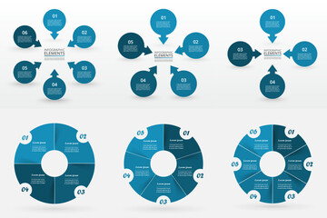 Set of circle infographic elements with 4, 5 and 6 options, parts or steps.