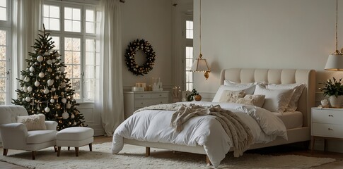 White bedroom with Christmas decorations