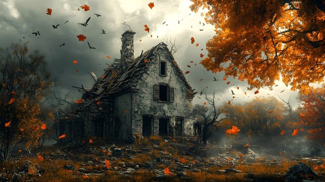House ruins with broken walls, large trees crushing the structure, autumn colors, debris flying in the wind, melancholic, highly detailed, fantasy landscape
