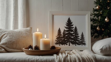 White blank wooden frame mockup with Christmas tree, candles, linen cushions and plaid on the white bench. Poster product design. Scandinavian home decor, nordic design. Winter festive concept
