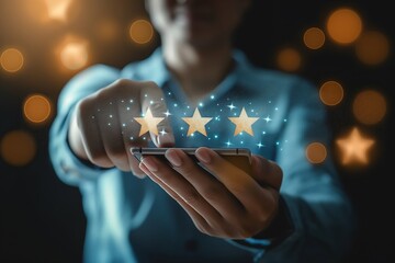 Customer review satisfaction feedback survey concept. User give rating to service excellent experience on mobile phone application, Client evaluate quality of service reputation ranking of business