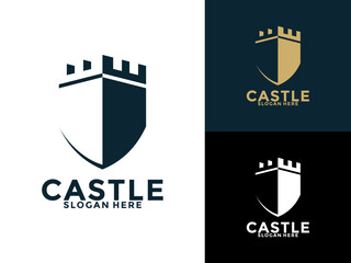 Retro vintage castle with shield logo vector, Castle or Fortress logo design template