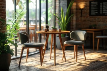 leisure corner with wood chairs and table on wooden floor in coffee shop