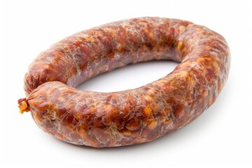 Fototapeta premium A single piece of sausage placed on a clean white surface, ready for use or display