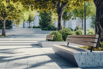 Modern benches and concrete stairway in the city square on a sunny day Public spaces in city park