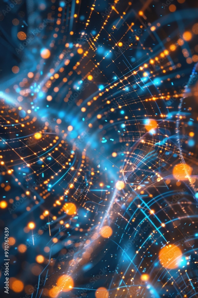 Poster abstract image of glowing dots forming a pattern, suitable for use in designs requiring a futuristic