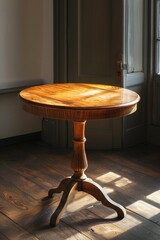 A wooden table sits atop a hardwood floor