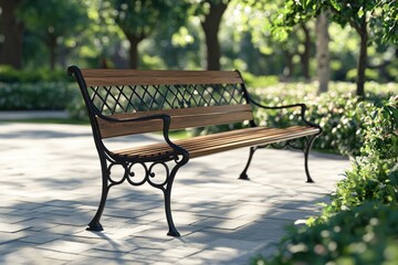 Obraz premium Outdoor Garden Benches Empty with Iron Frame and Wooden Upholstery on sunny daylight.