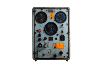 Fototapeta premium Vintage control panel with gauges and buttons showcasing mechanical engineering and retro design elements.