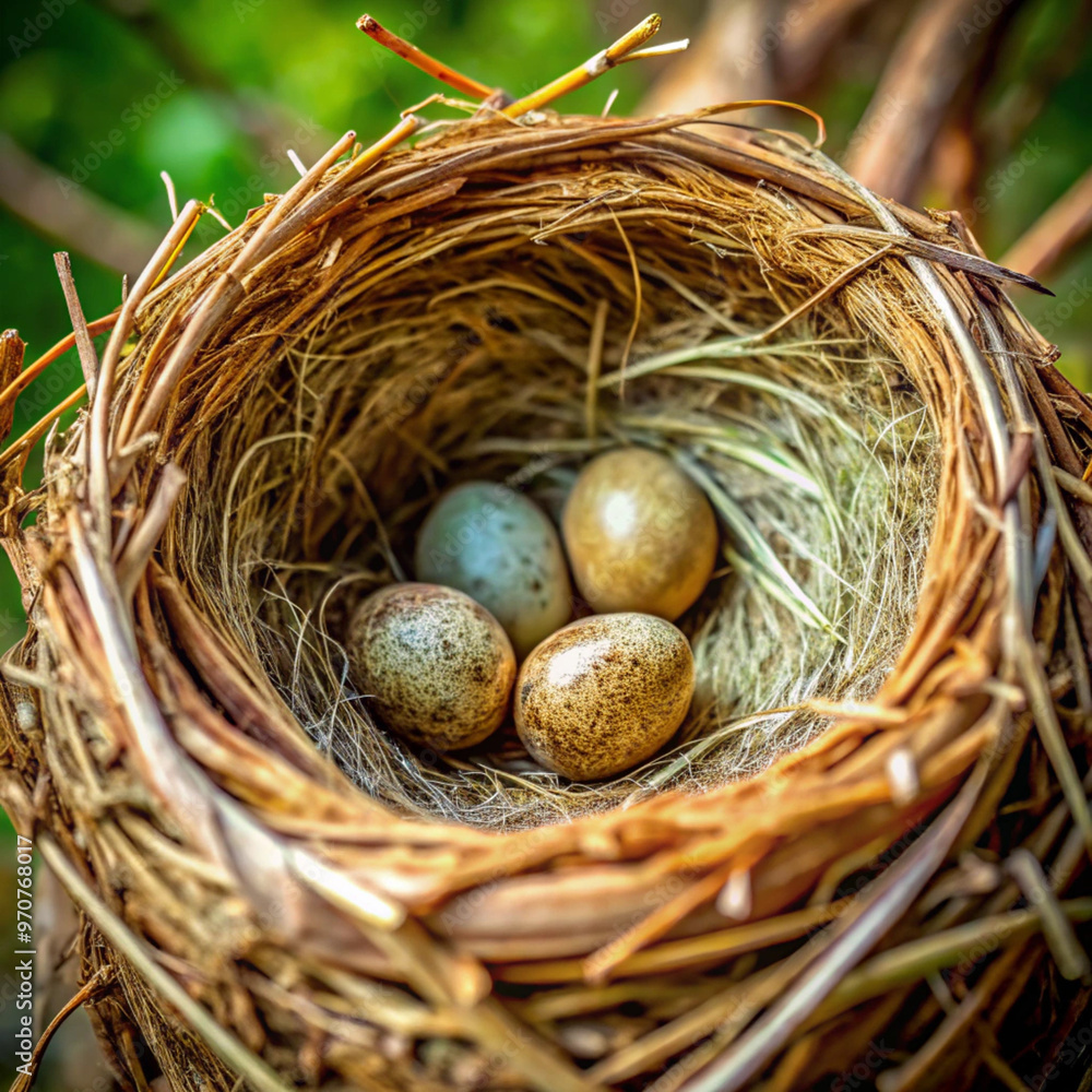 Wall mural bird's nest with four speckled eggs in a natural setting, shallow depth of field, copy space