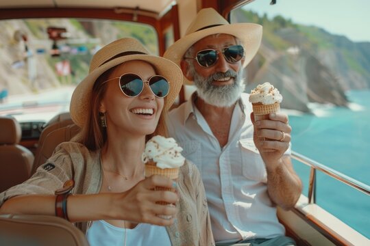 A romantic moment on a boat with a couple enjoying ice cream, great for summer themes or relationships - Powered by Adobe
