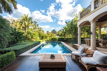 Beautiful Miami Beach Patio with Pool and Lounge Chairs