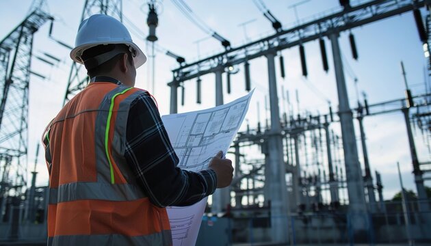 Electrical engineer holding blueprints at power plant