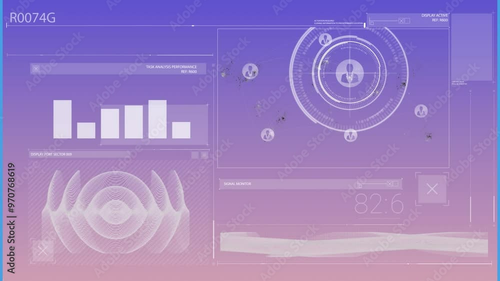 Poster animation of data processing and diagrams with icons on blue background